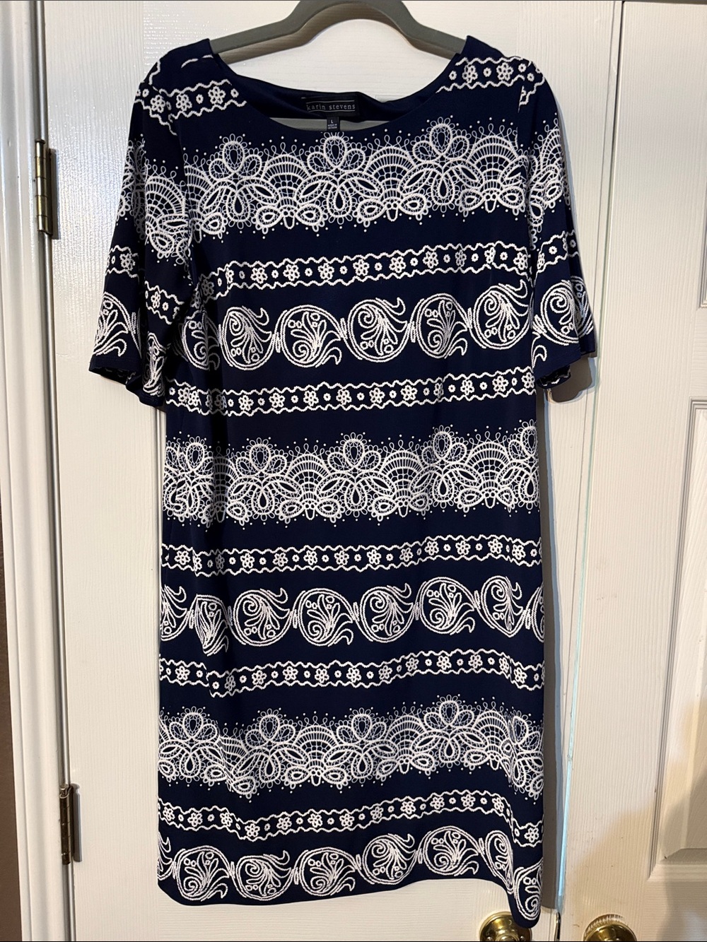 karin stevens Navy and White Printed Midi Dress